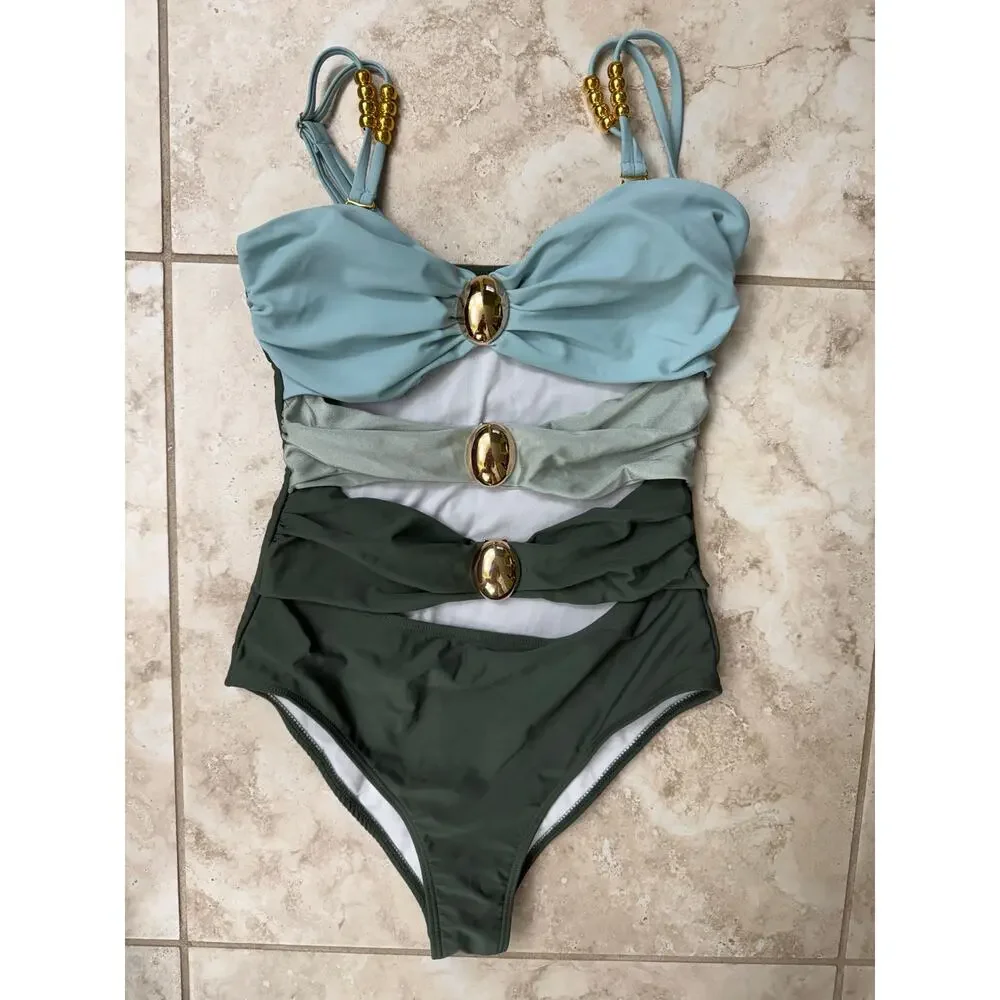 Amazon small NWOT green blue cut out stomach gold accents one piece - Picture 2 of 4